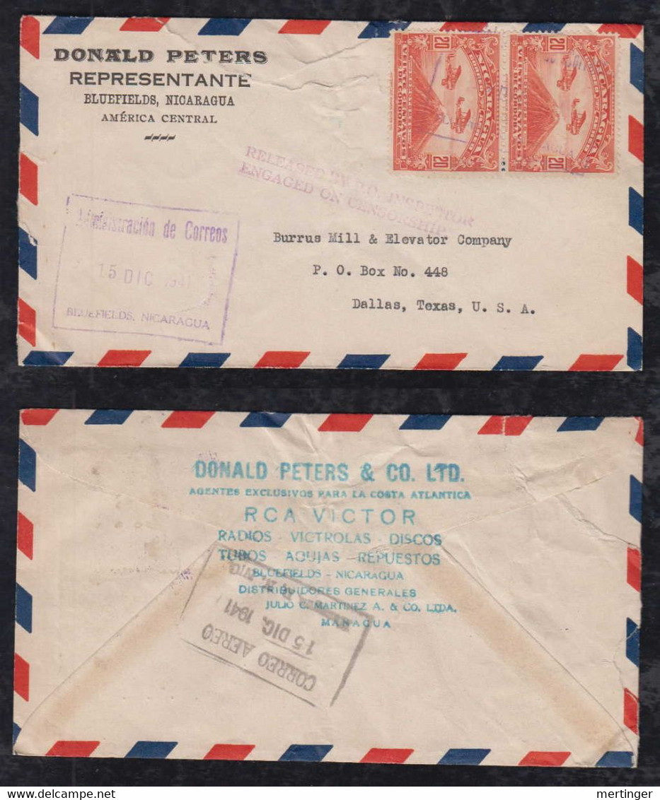 Nicaragua 1941 Censor Airmail Cover BLUEFIELDS To DALLAS USA - Nicaragua