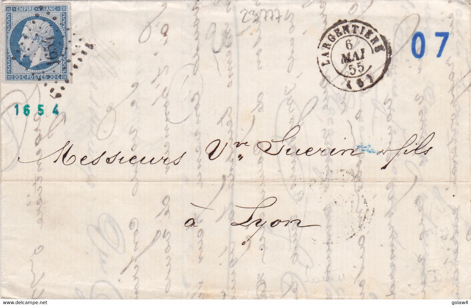 23777# EMPIRE N° 14 LAITEUX LETTRE Obl PC 1654 LARGENTIERE 1855 T15 ARDECHE - 1849-1876: Klassieke Periode