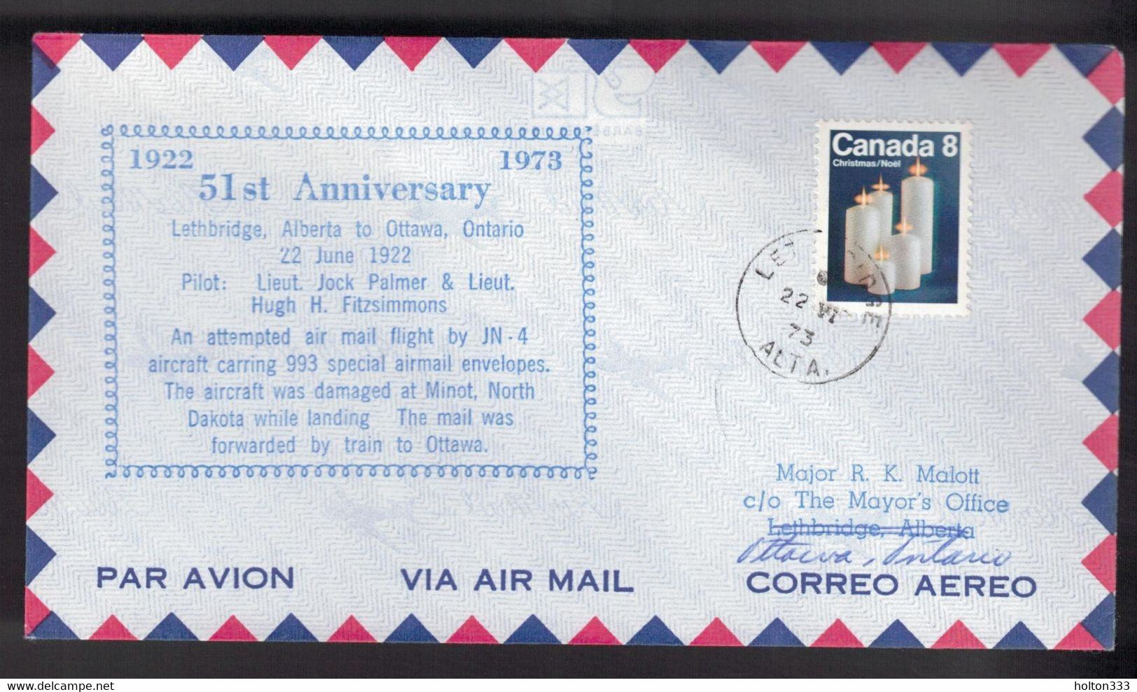 CANADA First Flight 51st Anniversary -  Lethbridge To Ottawa June 22, 1922 - Sobres Conmemorativos