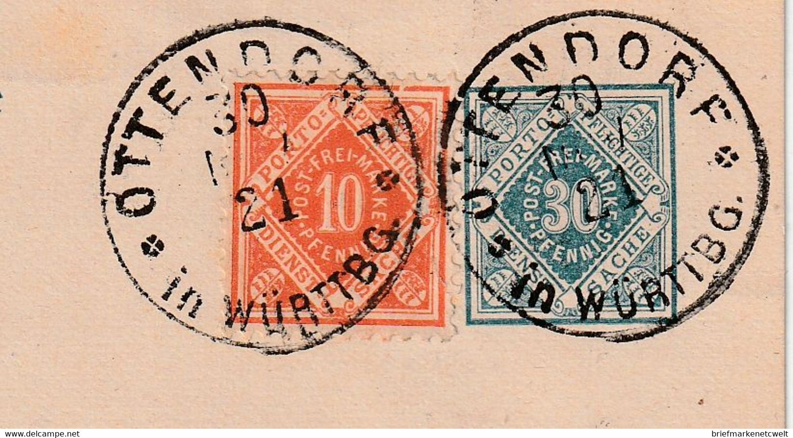 Deutsches Reich - 1921 - Dienstpostkarte Fuer Wuerttemberg Mi. DP 12/01 K1 "OTTENDORF" (2194) / € 2.50 - Other & Unclassified