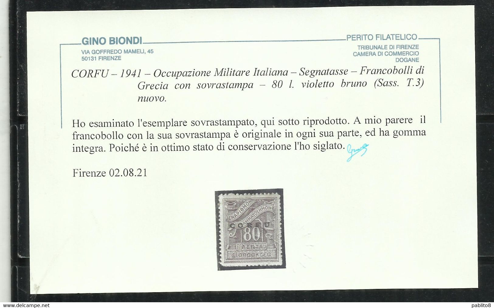 CORFU' OCCUPAZIONE MILITARE ITALIANA 1941 SOPRASTAMPATO DI GRECIA SEGNATASSE POSTAGE DUE TASSE TAXE 80L MNH CERTIFICATO - Corfù