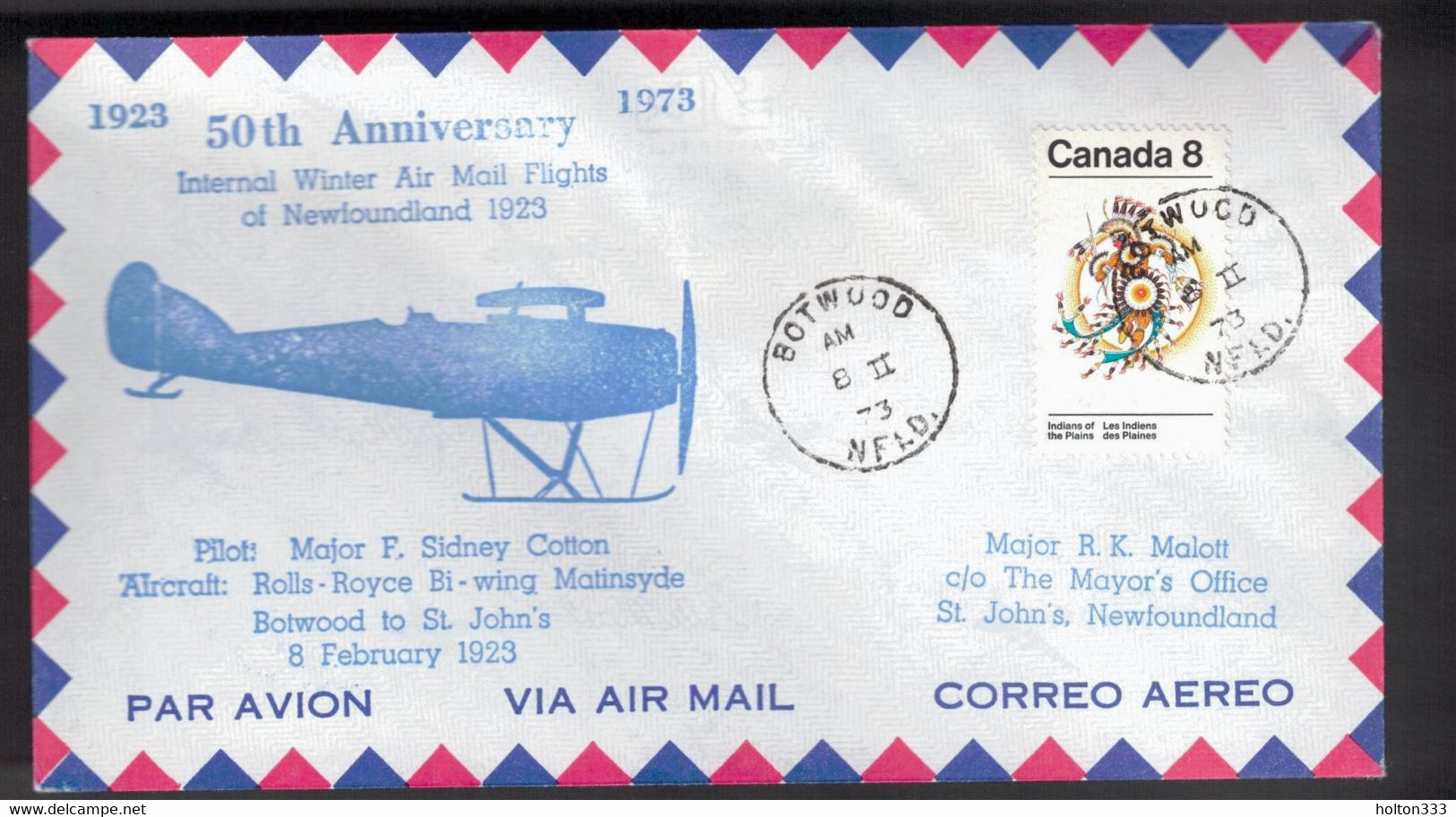 CANADA 50th Anniversary -  NL Flight Botwood To St John's Feb 8, 1923 - HerdenkingsOmslagen