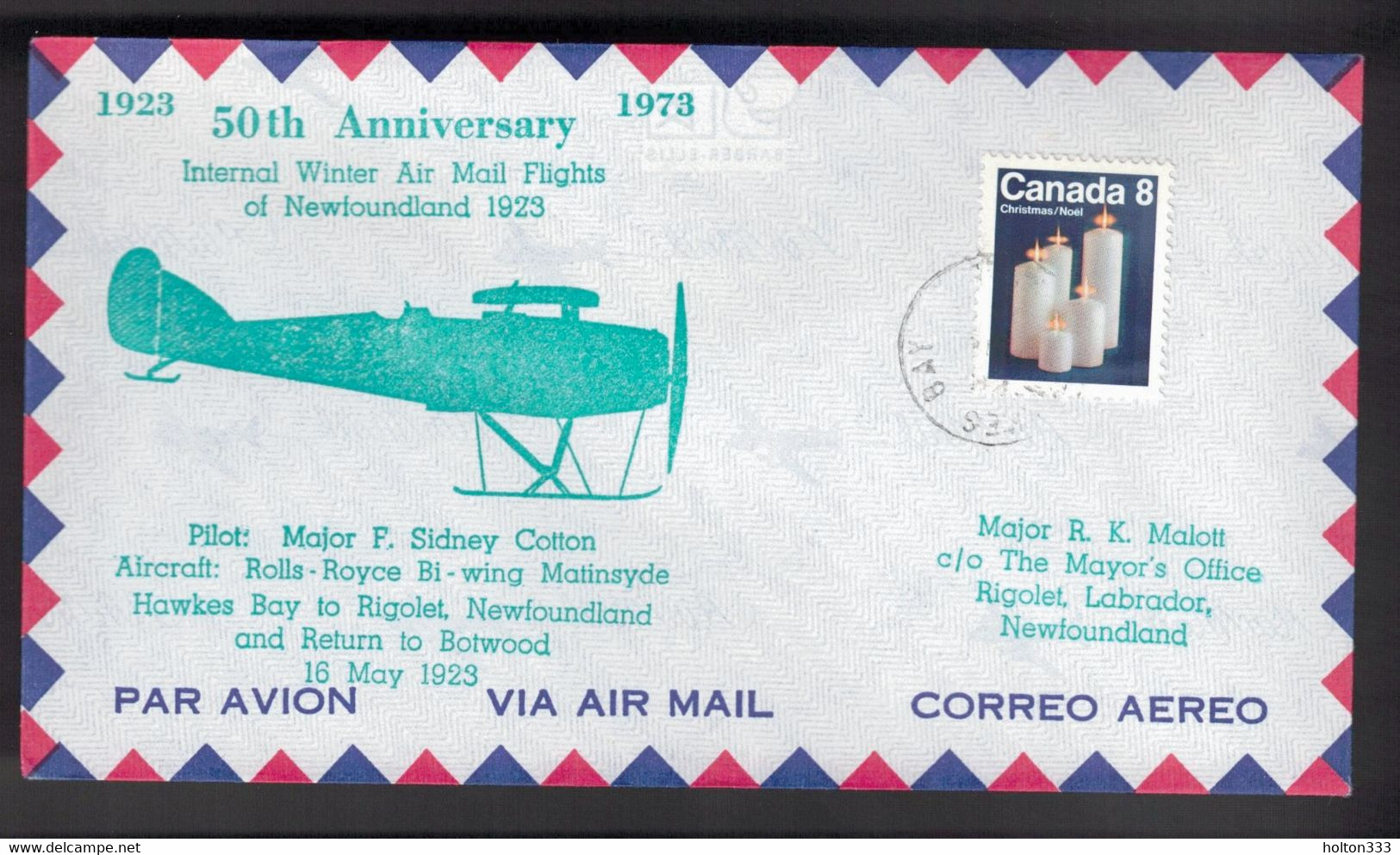 CANADA 50th Anniversary -  NL Flight Hawkes Bay-Rigolet-Botwood May 16, 1923 2 - Commemorativi