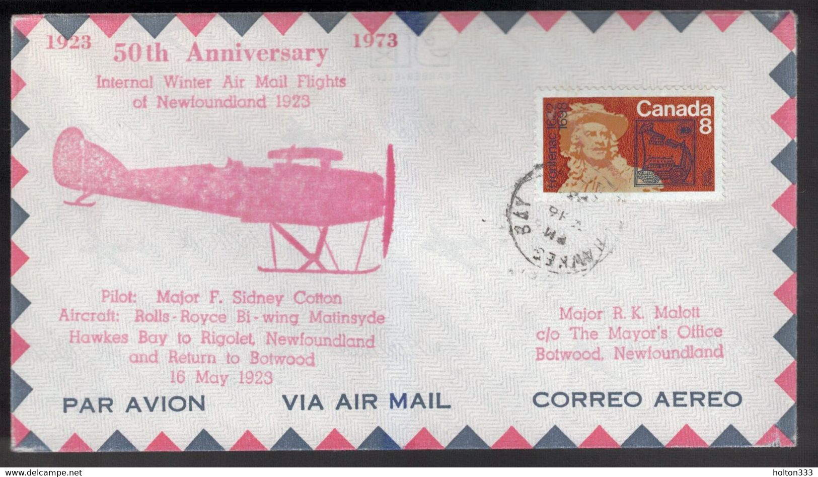 CANADA 50th Anniversary -  NL Flight Hawkes Bay-Rigolet-Botwood May 16, 1923 3 - Enveloppes Commémoratives