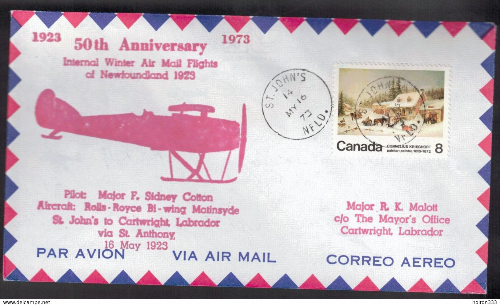 CANADA 50th Anniversary - NL Flight St John's-St Anthony-Cartwright May 16, 1923 1 - Enveloppes Commémoratives