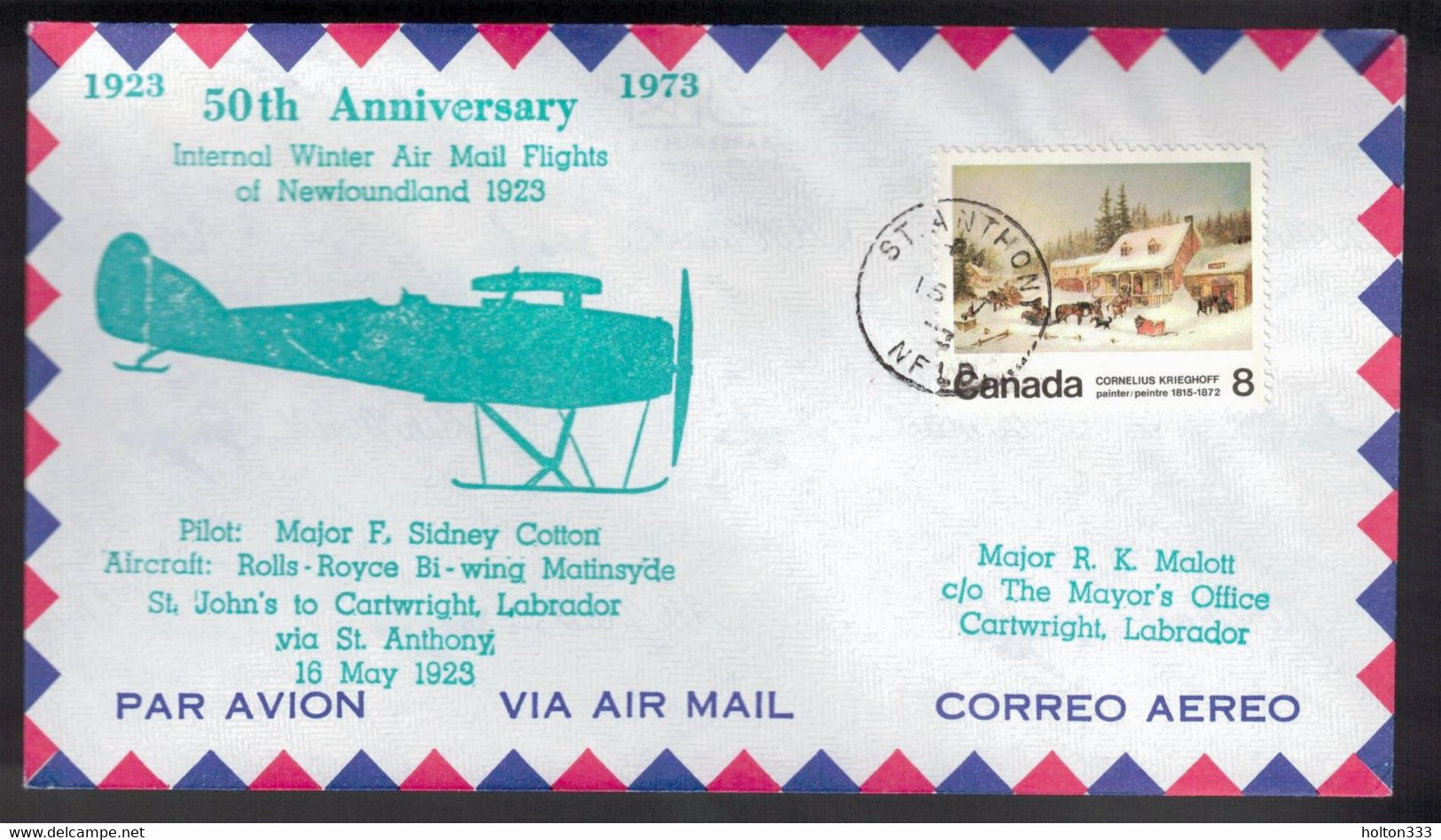 CANADA 50th Anniversary - NL Flight St John's-St Anthony-Cartwright May 16, 1923 2 - Commemorative Covers