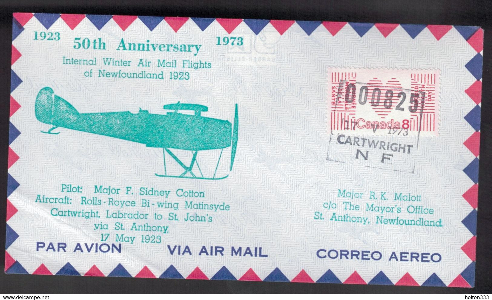 CANADA 50th Anniversary - NL Flight Cartwright-St Anthony-St John's May 17, 1923 1 - Enveloppes Commémoratives