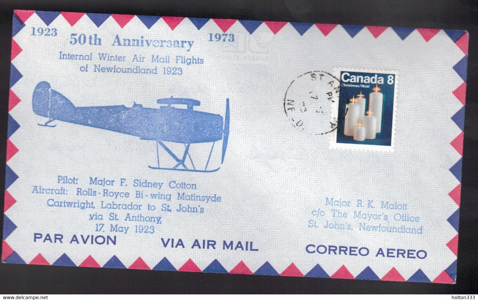 CANADA 50th Anniversary - NL Flight Cartwright-St Anthony-St John's May 17, 1923 2 - Enveloppes Commémoratives