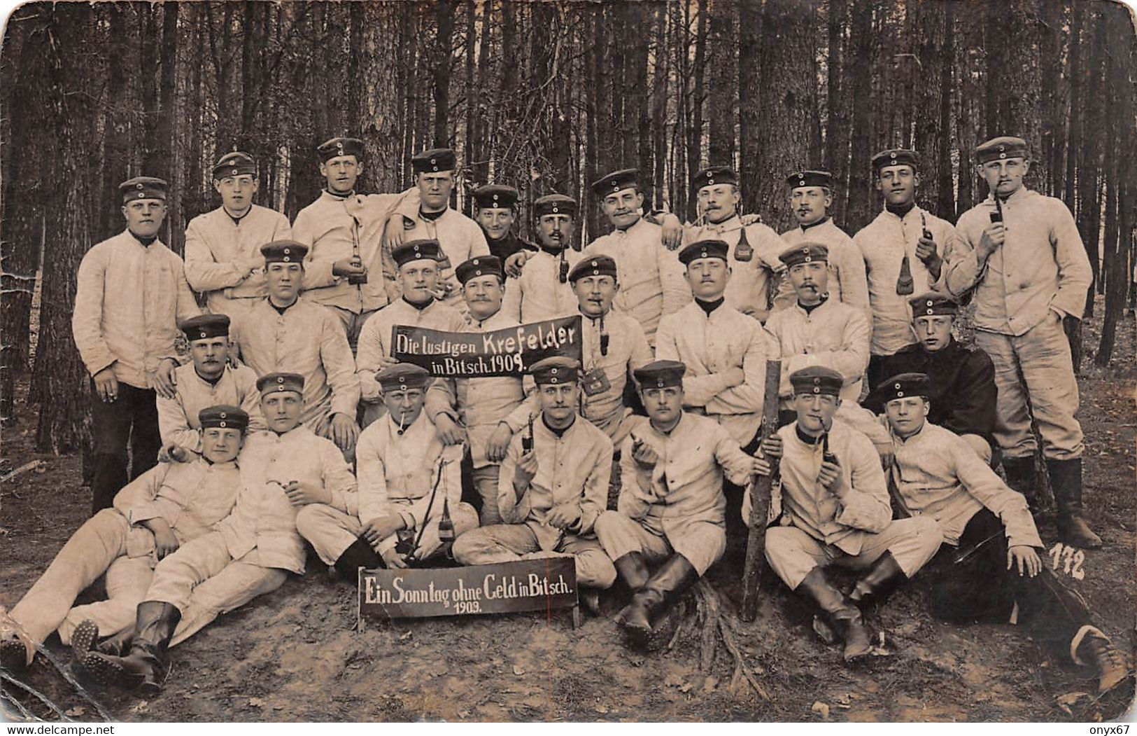 Carte Photo Militaire Allemand BITSCH-BITCHE-57-Moselle-Soldaten Manoeuvre Lustigen Krefelder-1909 Photo Otto Lehmann - Bitche