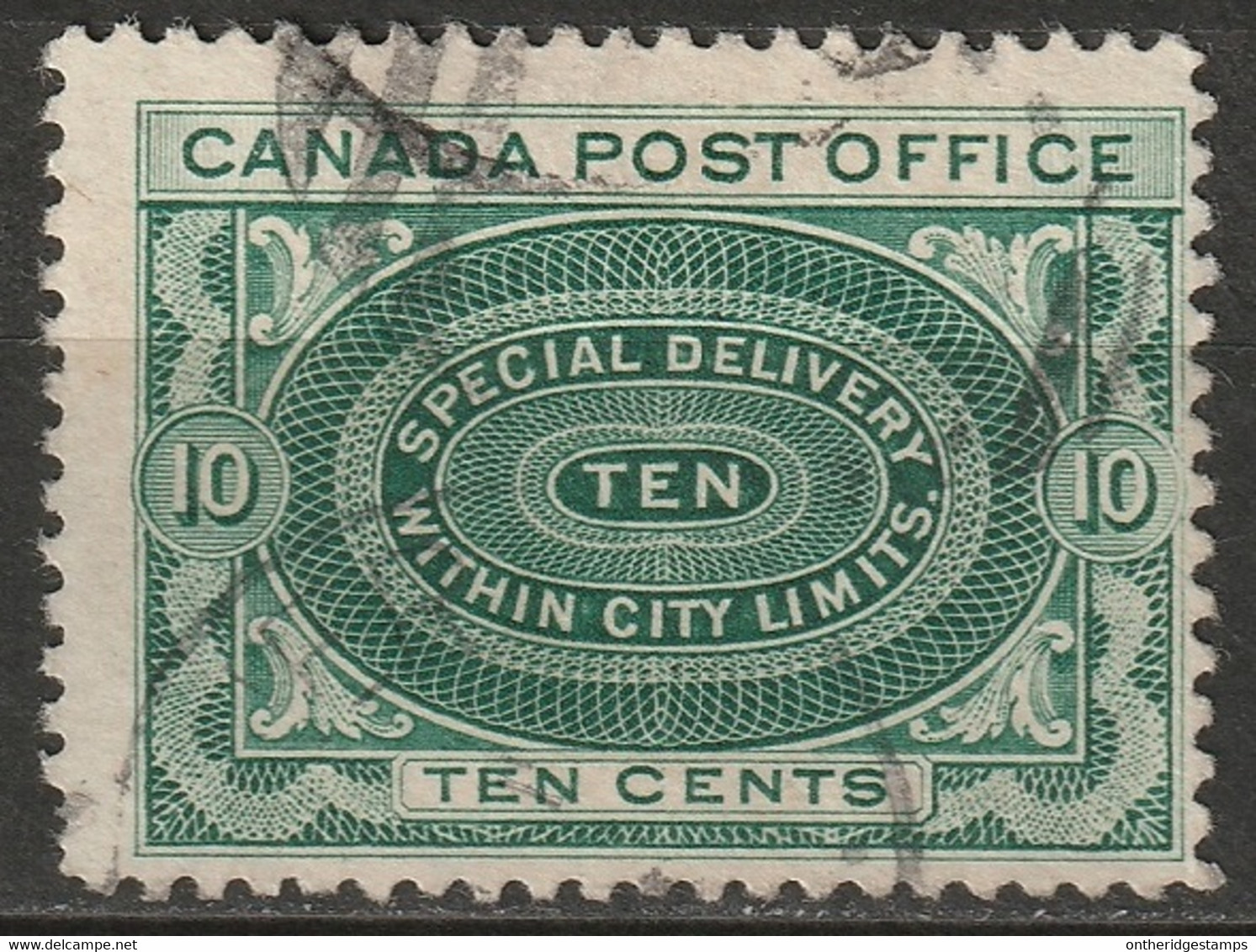 Canada 1898 Sc E1b  Special Delivery Used Yellow Green Damaged Corner - Eilbriefmarken