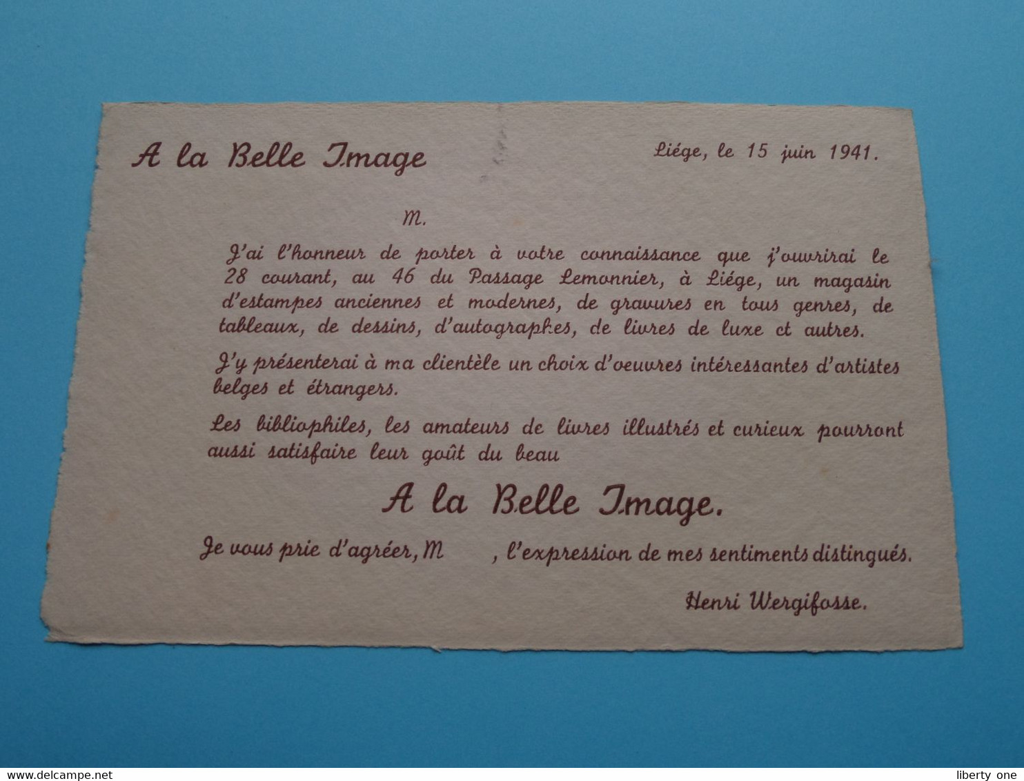 A LA BELLE IMAGE Liège 1941 Passage Lemonnier ( Henri WERGIFOSSE ) Photo, Aquarel, Invit ( Zie / Voir Photo > SCANS ) ! - Autres & Non Classés