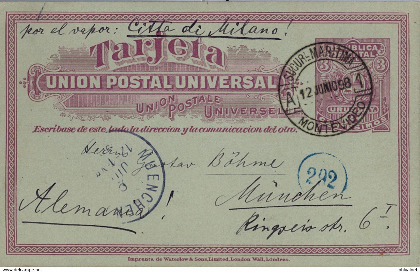 1898 URUGUAY , MONTEVIDEO - MÜNICH , MAT. SUCURSAL MARÍTIMA / MONTEVIDEO ,  CIRCULADO POR EL VAPOR " CITTÁ DE MILANO " - Uruguay