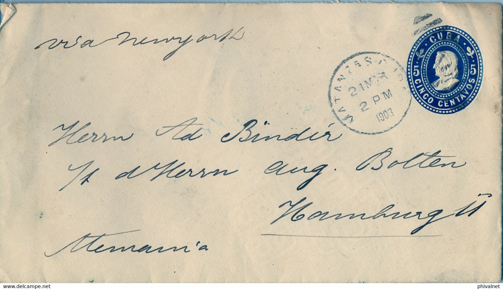 1903 CUBA , SOBRE ENTERO POSTAL CIRCULADO VIA NEW YORK ENTRE MATANZAS Y HAMBURGO , LLEGADA - Covers & Documents