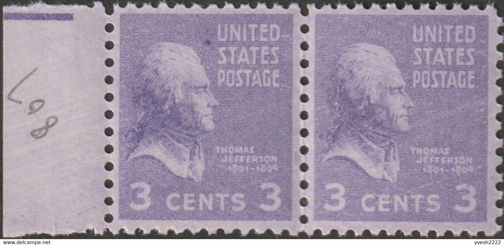 USA 1938 Y&T 372.  Curiosité, Manque D'encre En Paire. Thomas Jefferson (1743-1826), Vigneron, œnophile, Franc-maçon - Vins & Alcools