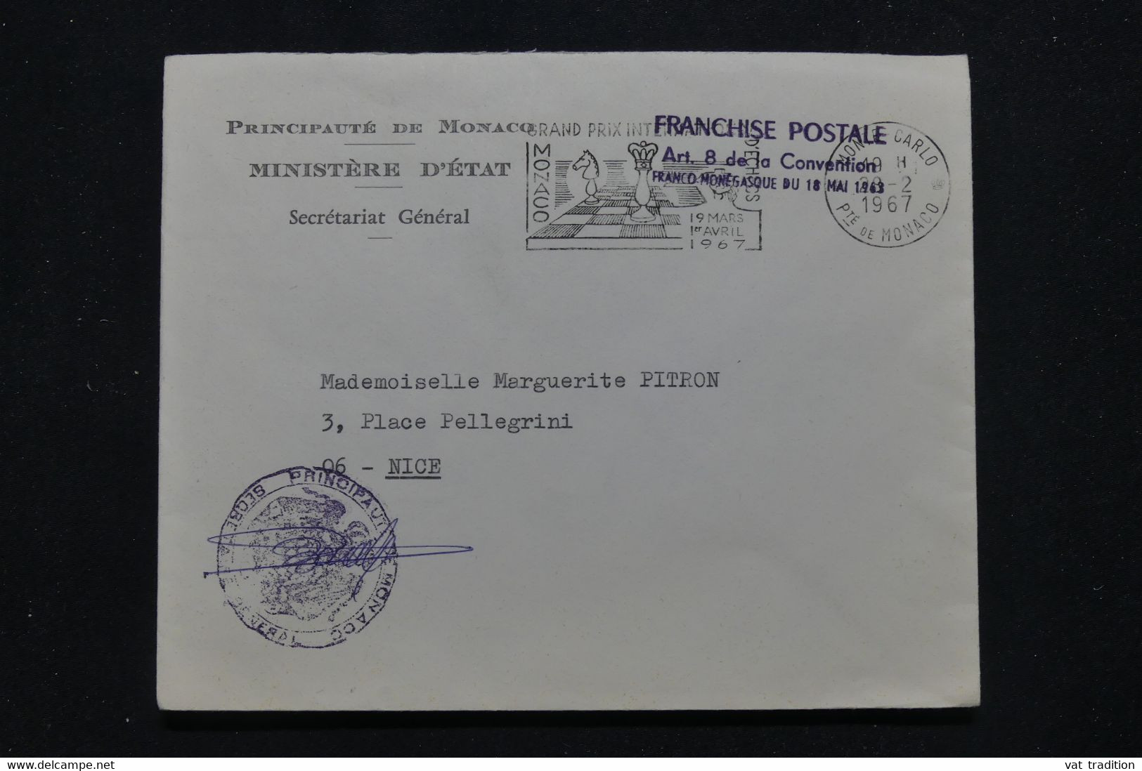 MONACO - Enveloppe En Franchise Du Ministère D'Etat Pour Nice En 1967 - L 95704 - Covers & Documents