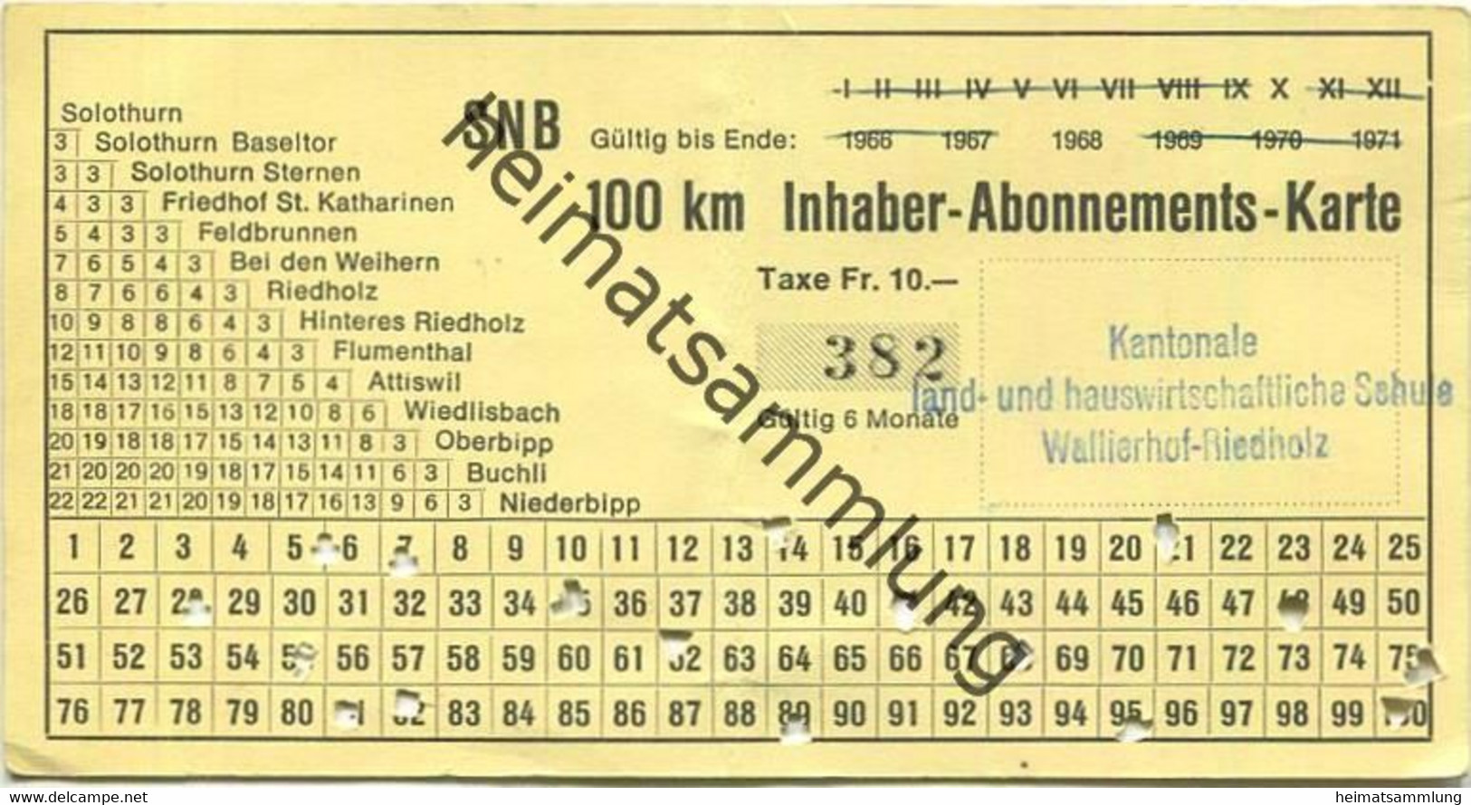 Schweiz - Solothurn-Niederbipp-Bahn - SNB 100 Km Inhaber-Abonnements-Karte - Fahrkarte 1968 Taxe Fr. 10.- - Europa