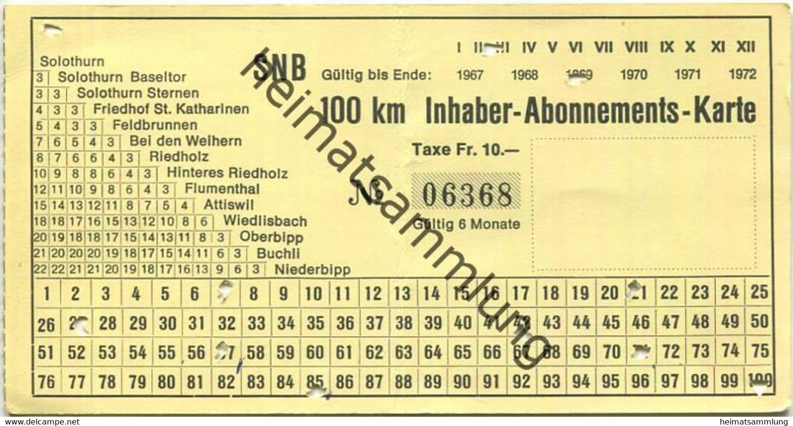 Schweiz - Solothurn-Niederbipp-Bahn - SNB 100 Km Inhaber-Abonnements-Karte - Fahrkarte 1968 Taxe Fr. 10.- - Europe