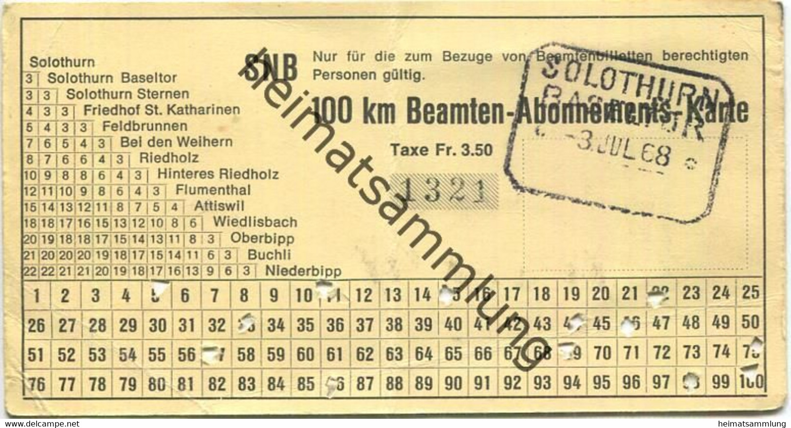 Schweiz - Solothurn-Niederbipp-Bahn - SNB 100 Km Beamten-Abonnements-Karte - Fahrkarte 1968 Taxe Fr. 3.50 - Europa