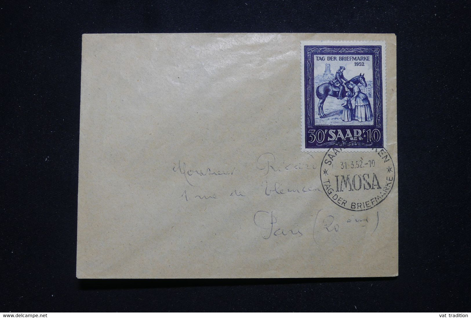 SARRE - Enveloppe Pour Paris Avec Oblitération Temporaire De Saarbrücken Tag Der Briefmarke En 1952 - L 95717 - Storia Postale