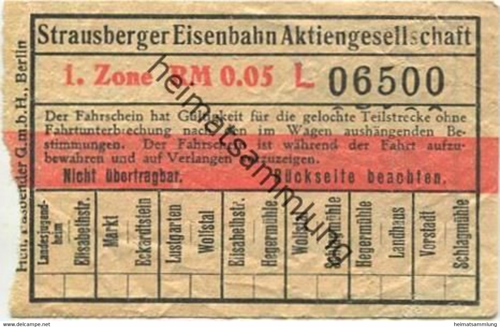 Deutschland - Strausberg - Strausberger Eisenbahn Aktiengesellschaft - Fahrschein 1. Zone RM 0,05 - Europa