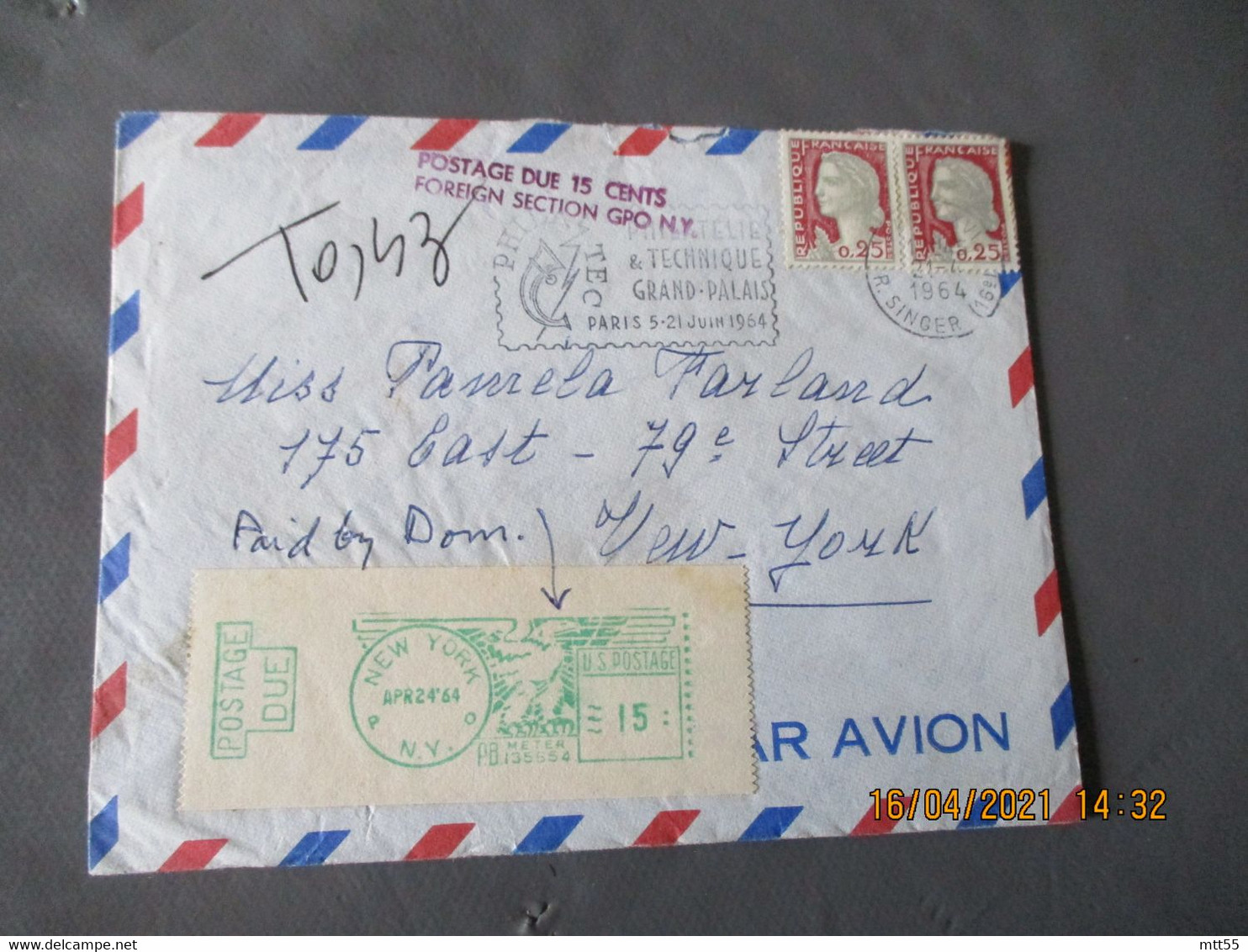 Lettre Taxee Usa New York  Vignette Encre Verte Postage Due  Retour  Pour Paris - 1961-....