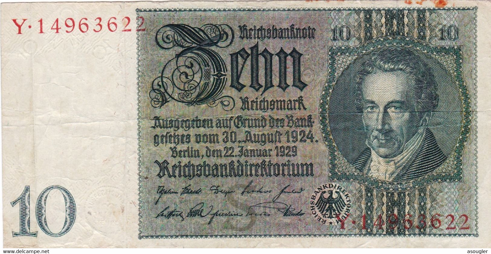 GERMANY 10 Reichsmark 1929 F-VF P-180a "free Shipiing Via Registered Air Mail. - 10 Reichsmark