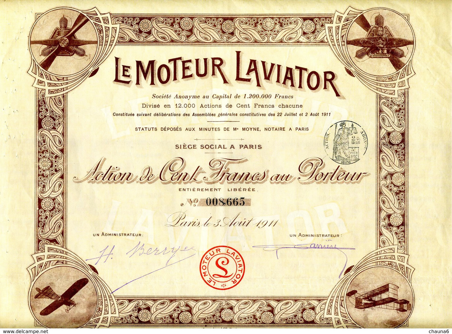 Rare, Le Moteur LAVIATOR, 1911, Action De 100 Francs Au Porteur Avec Coupons - Aviazione