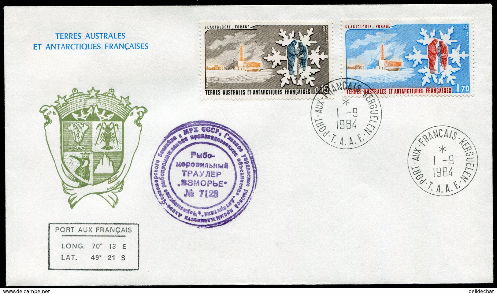 21409 T.A.A.F N°102/3° 1F80 Glaciologie-Forage : Beau Cachet Russe  Obl. Kerguelen Du 1.9.84  TB - Storia Postale