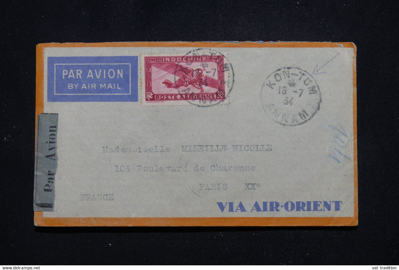 INDOCHINE - Enveloppe De Kon Tum Pour Paris En 1934 Par Avion - L 95752 - Covers & Documents