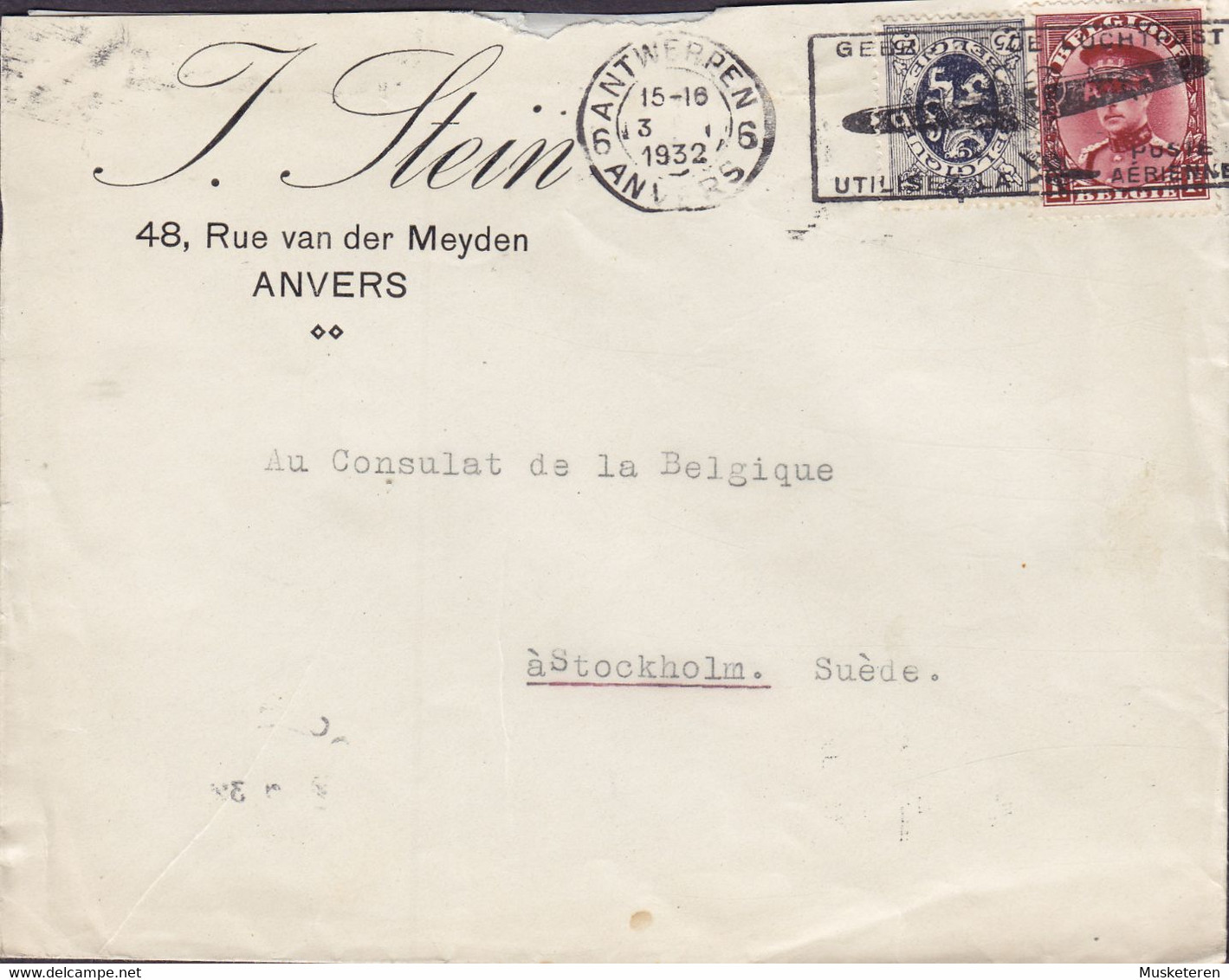 Belgium J. STEIN Slogan Flamme 'Utilisez Poste Aerienne' ANVERS 1932 Cover Lettre STOCKHOLMS (Arr.) Sweden Lion Montenez - 1929-1941 Gran Montenez