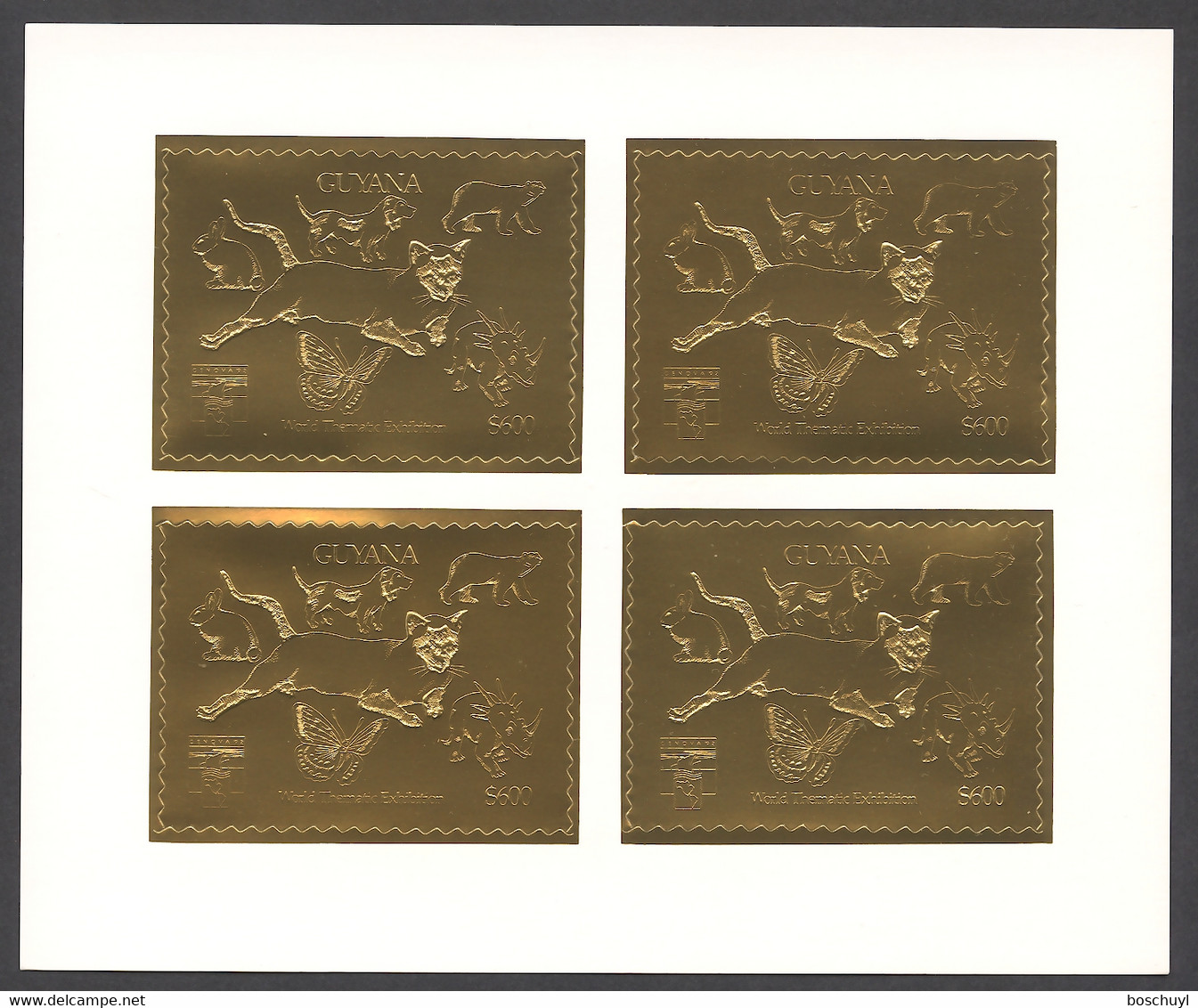 Guyana, 1992, Dog, Bear, Rabbit, Cougar, Butterfly, Dinosaur, Genova, Gold, MNH Perforated Sheetlet, Michel 3978BA - Guyana (1966-...)