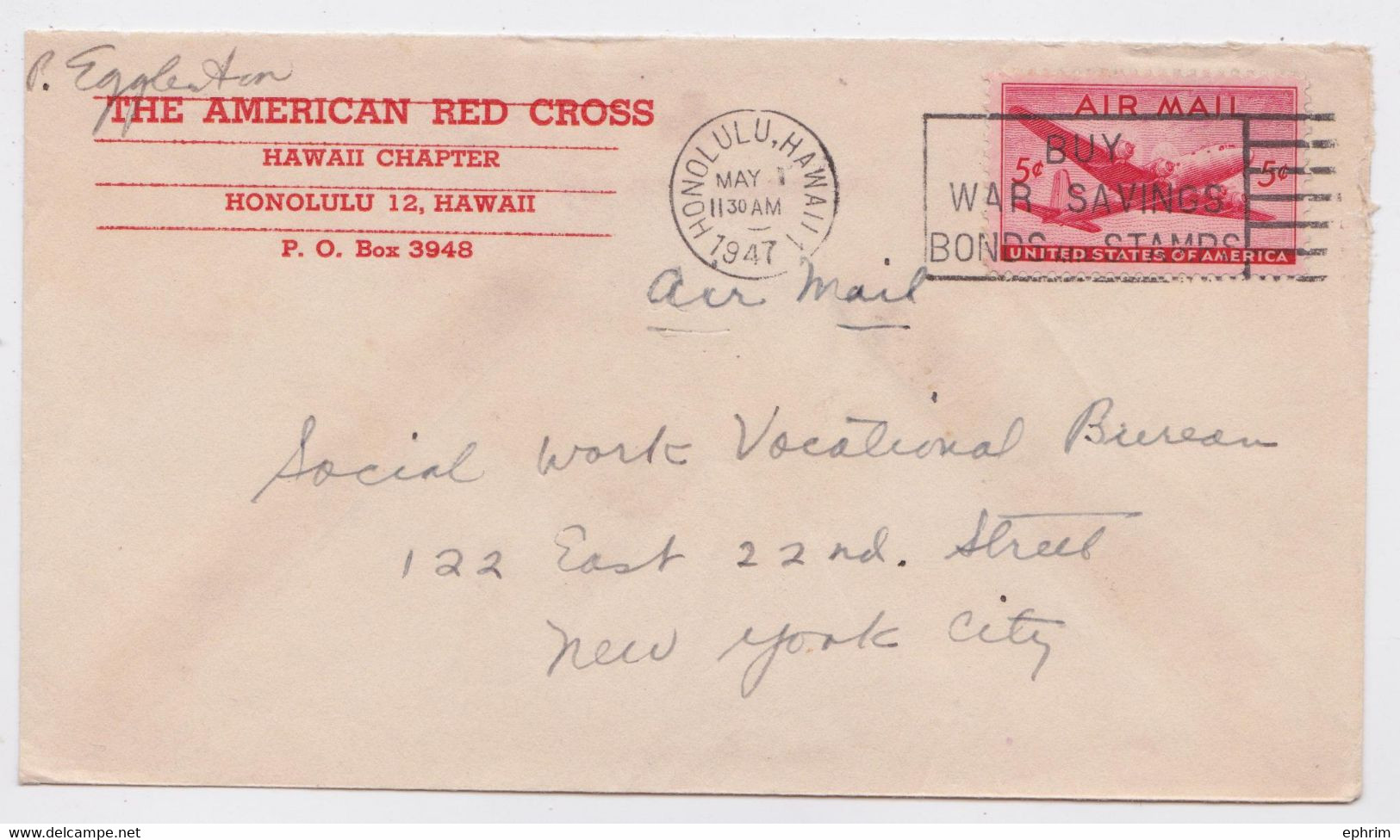 The American Red Cross Hawaii Honolulu Printed Mail Cover 1947 Lettre Croix-Rouge Usa - Hawaii