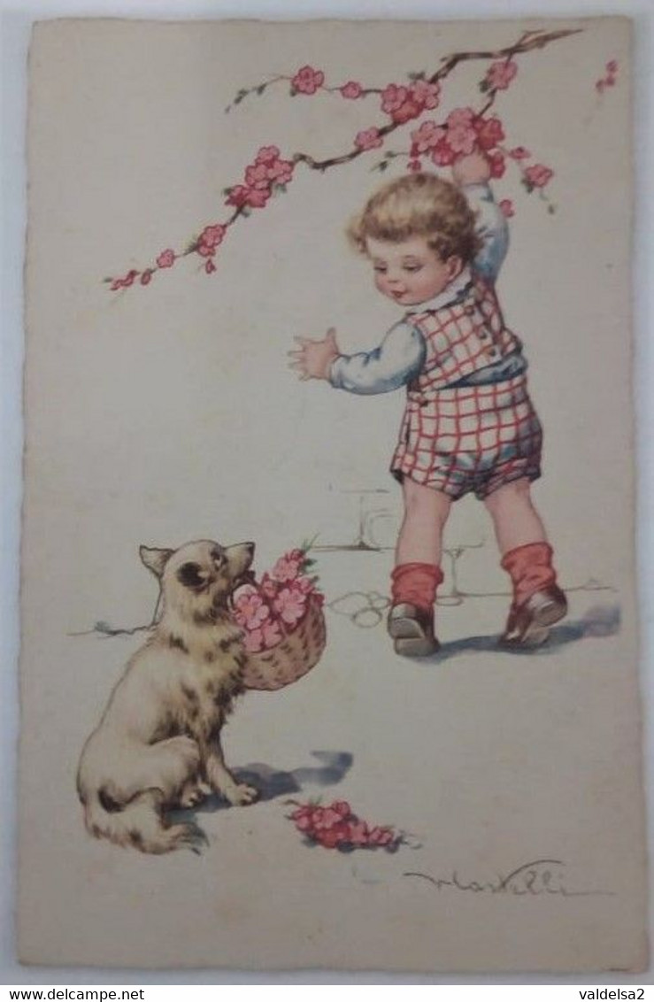 ILLUSTRATORE CASTELLI - BAMBINO CHE RACCOGLIE FIORI E CANE CON CESTELLO - BOY WITH DOG / PERRO / CHIEN - Castelli