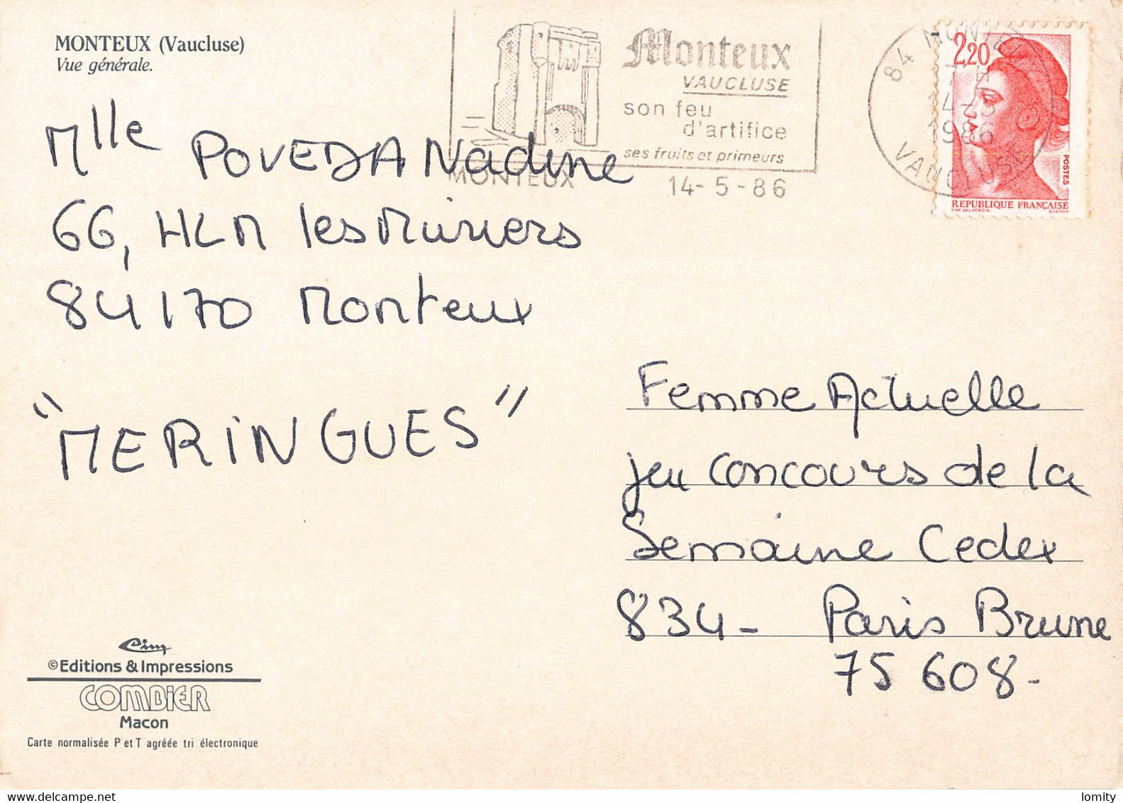 84 Monteux Vue Générale Cachet Flamme Oblitération Monteux Feu D' Artifice 1986 - Monteux