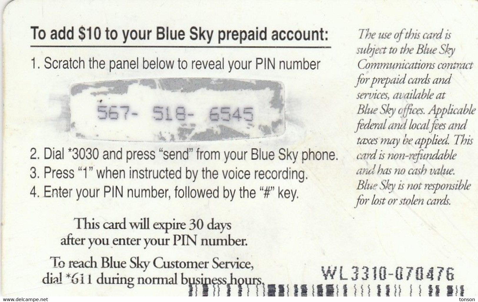 Country To Be Identified, $10 Blue Sky, Prepaid Wireless Card, 2 Scans. - Unknown Origin