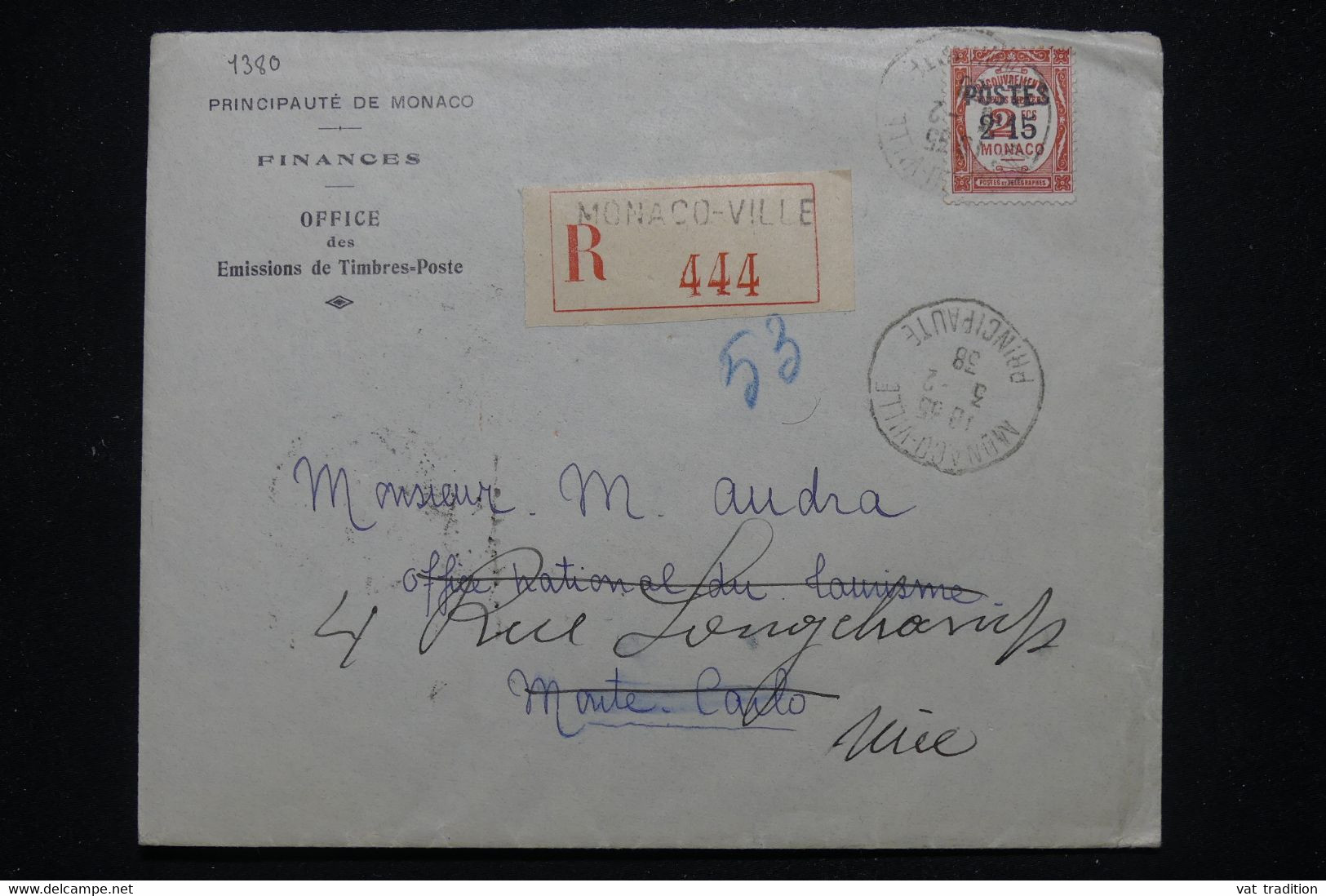 MONACO - Enveloppe De L'Office Des Timbres En Recommandé Pour Nice En 1938, Affranchissement Taxe Surchargé - L 95767 - Cartas & Documentos