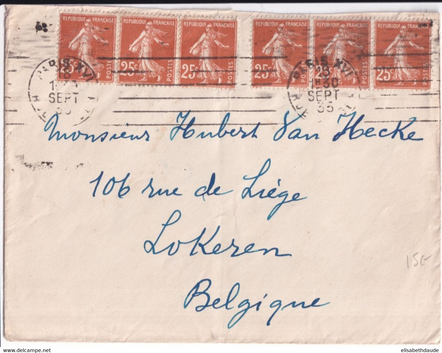 SEMEUSE - 1935 - YVERT N°235 X 6 ! Sur ENVELOPPE De PARIS => LOKEREN (BELGIQUE) - 1906-38 Säerin, Untergrund Glatt