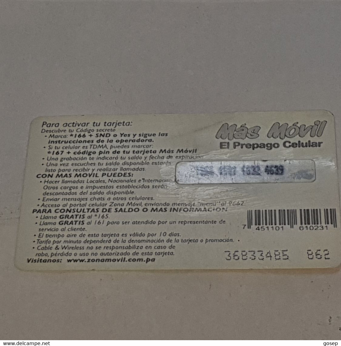 PANAMA-(PAN-C&W-204F)-mas Movil-white Edge-(13)-(b/.5.00)-(1256-4581-1632-4639)-used Card+1card Prepiad Free - Panamá