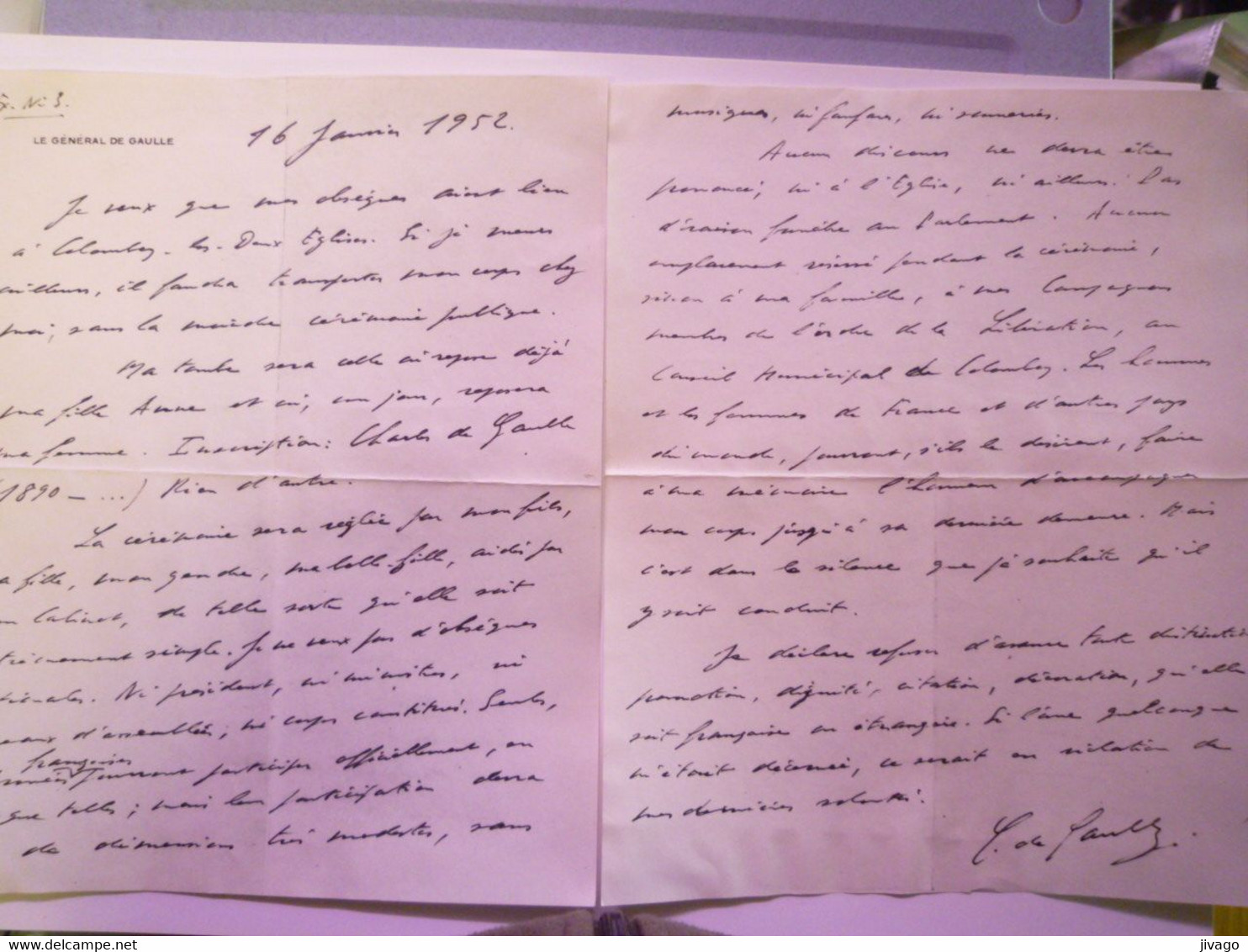 2021 - 1528  Dernières Volontés Du Général DE GAULLE Concernant Ses Obsèques  16-2-1952  (EX N°3)   XXX - Non Classés