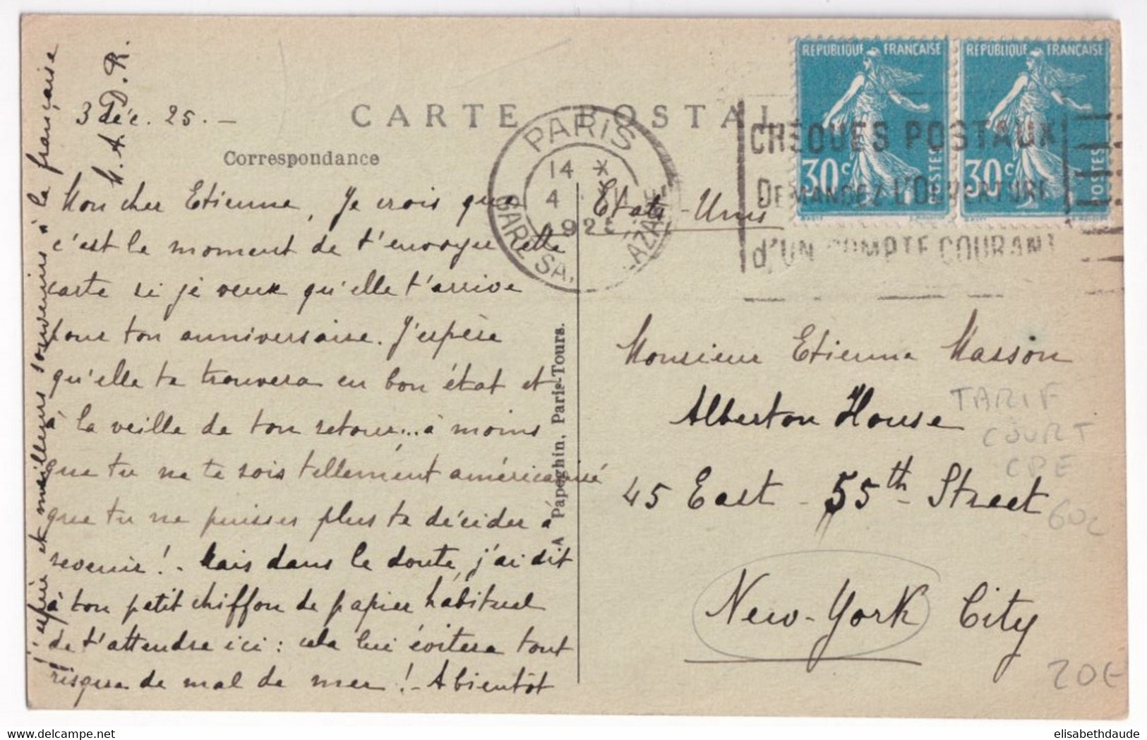 SEMEUSE - 1925 - YVERT N°192 En PAIRE Sur CARTE De PARIS => NEW YORK (USA) ! TARIF 60c ! - 1906-38 Semeuse Camée