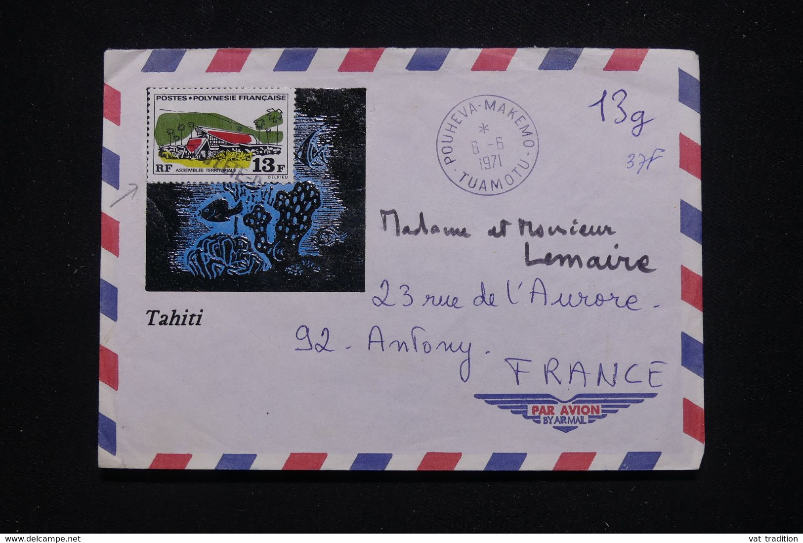 POLYNÉSIE - Enveloppe De Pouheva- Makemo Pour Antony En 1971, Griffe Linéaire De Papeete Sur Affranchissement - L 95778 - Covers & Documents