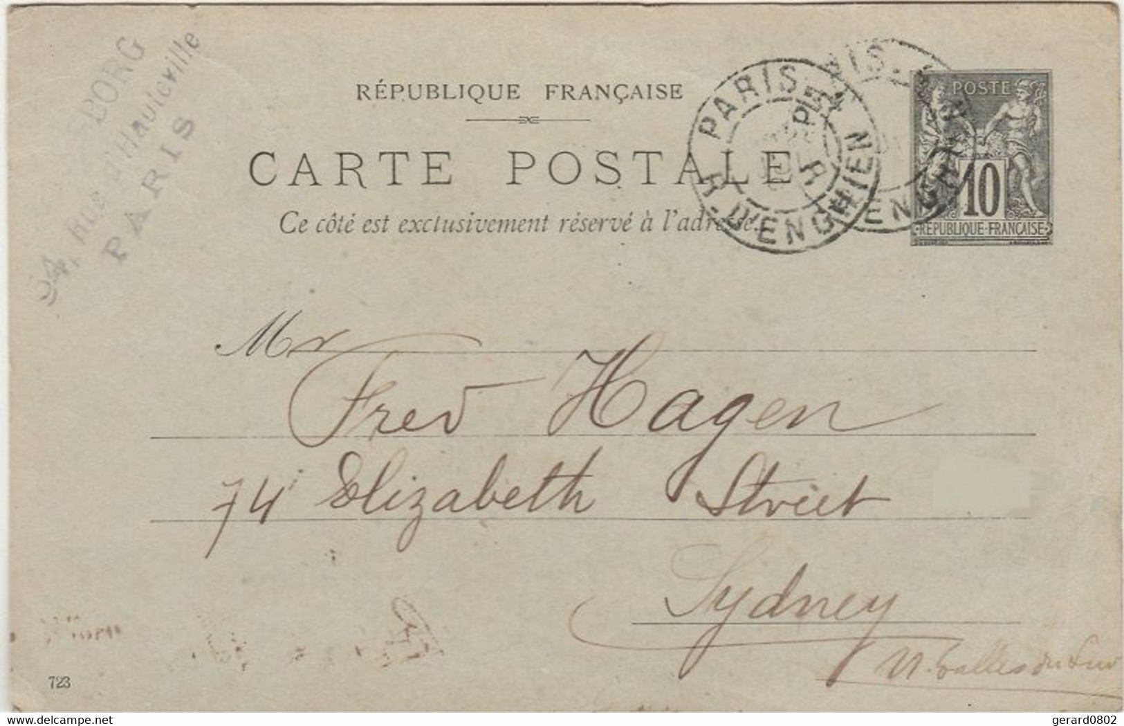 Carte Postale Type SAGE à Destination De L'AUSTRALIE - 1877-1920: Semi-moderne Periode