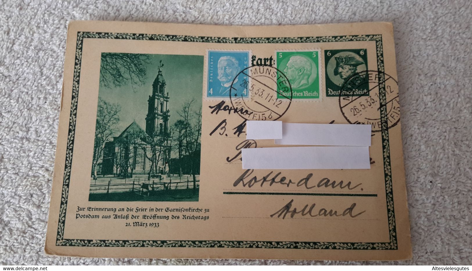 Postkarte Stempel Münster Rotterdam Holland 1933 Garnißonkirche  Deutsches Reich Gelaufen - 1939-45