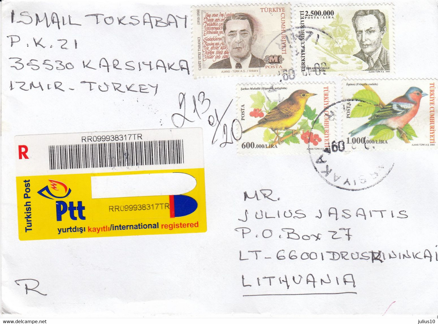 TURKEY 2010 Registered Cover Sent To Lithuania Druskininkai #27142 - Brieven En Documenten