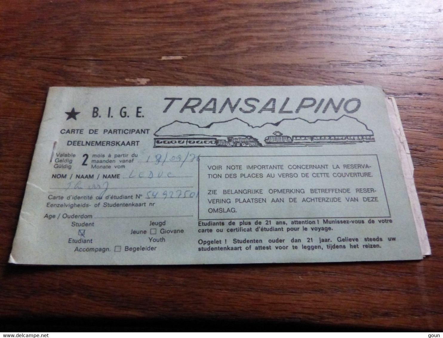 Ticket Train Transalpino 1976 - Non Classificati
