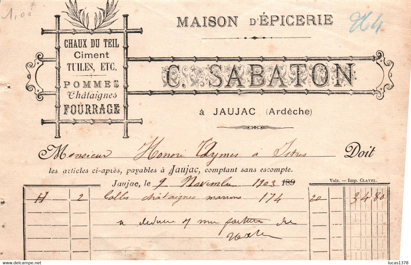 ARDECHE / JAUJAC / 1903 / EPICERIE SABATON / POUR ISTRES - 1900 – 1949