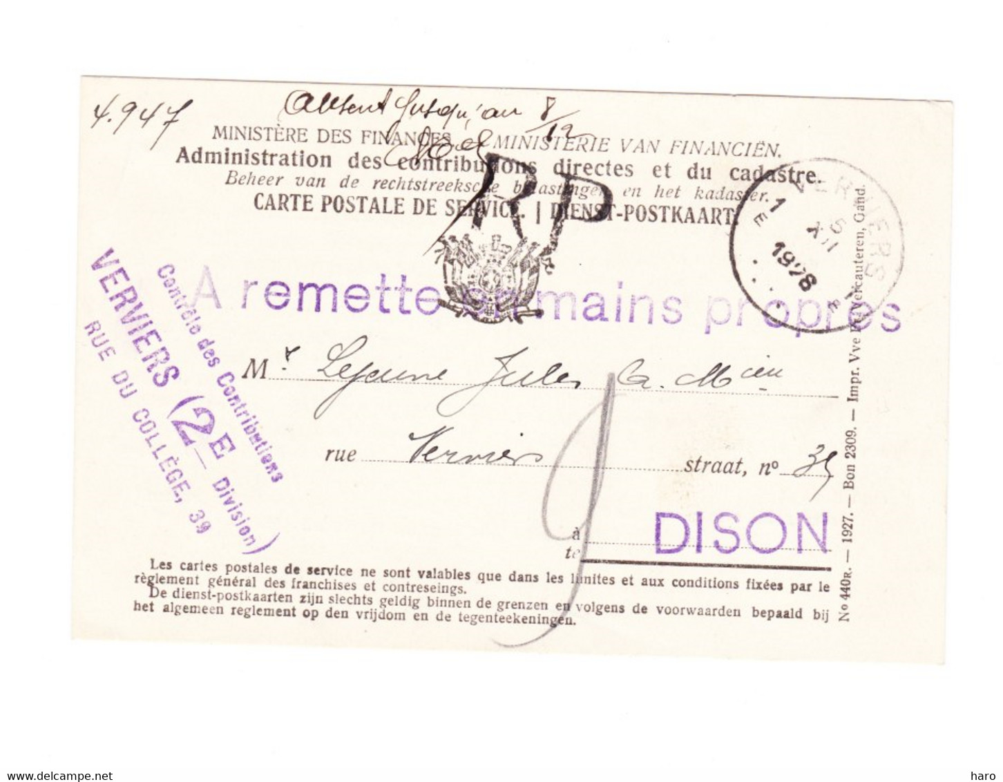 Carte Pré Imprimée - Administration Des Contributions Et Cadastre -  Recommandé 1928 - Marcophilie (B247) - Autres & Non Classés