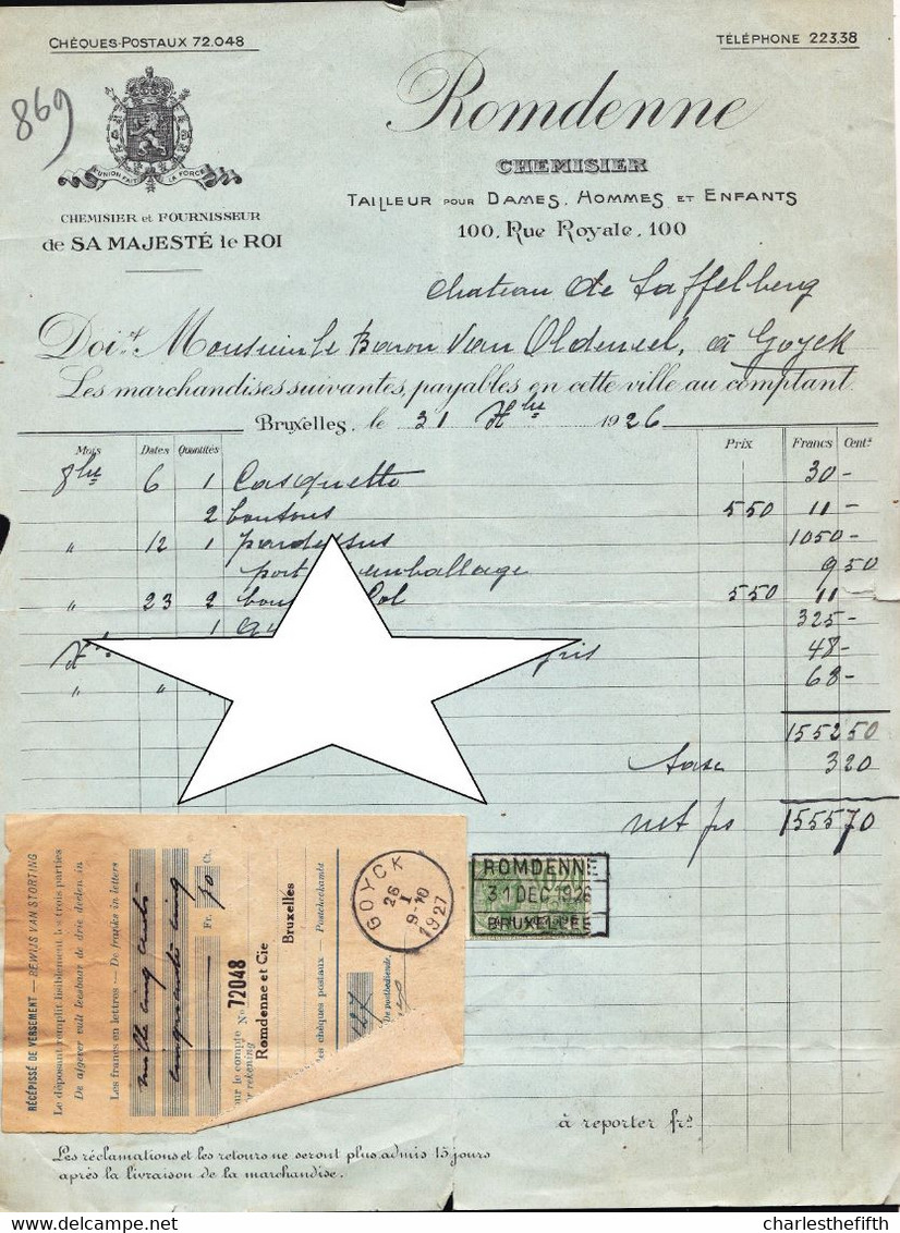 LOT DE 10 FACTURES vers BARON VAN OLDENEEL au CHATEAU DE GOYCK ( GOOIK ) entre 1918 et 1927