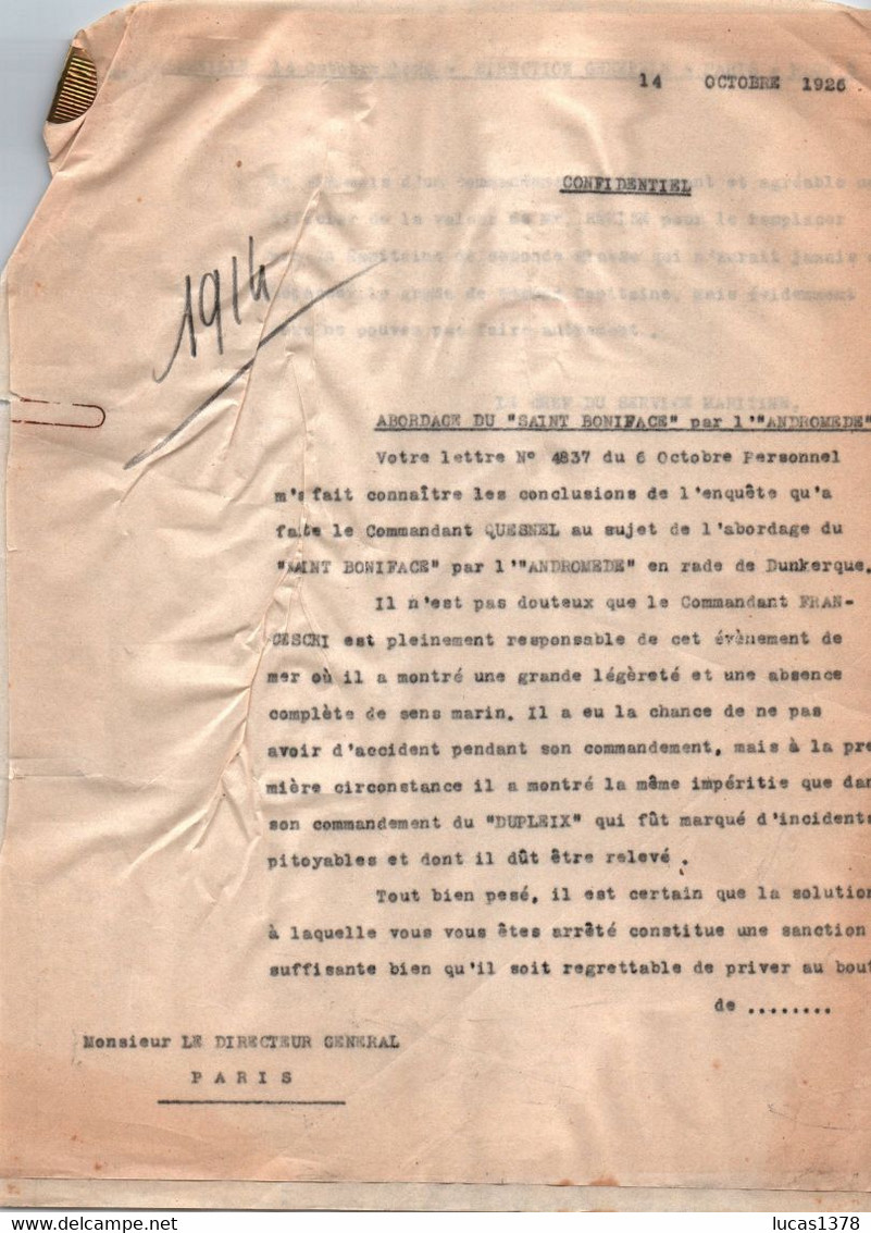 COMPAGNIE DES MESSAGERIES MARITIMES / 1926 / NOTE CONFIUDENTIEL ABORDAGE SAINT BONIFACE PAR L ANDROMEDE - Autres & Non Classés