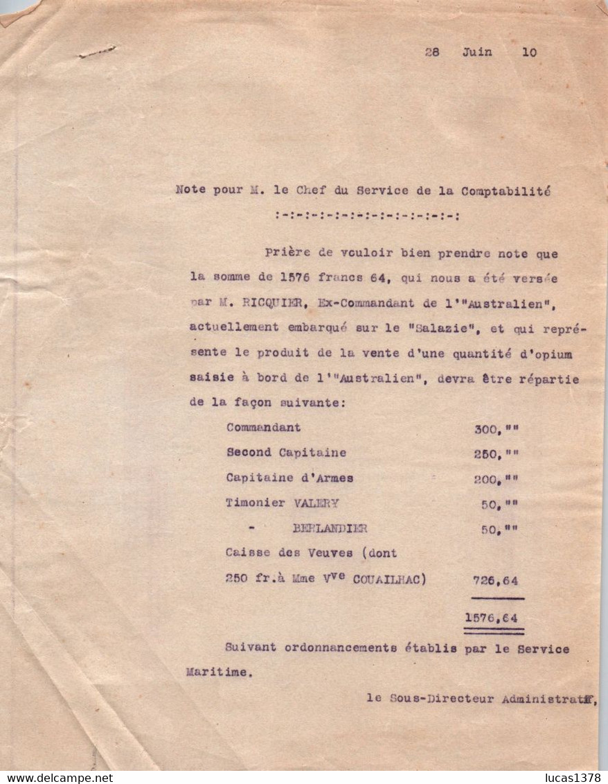 COMPAGNIE DES MESSAGERIES MARITIMES / PARTAGE D UNE SAISIE D OPIUM A BORD DE L AUSTRALIEN 110 - Sonstige & Ohne Zuordnung